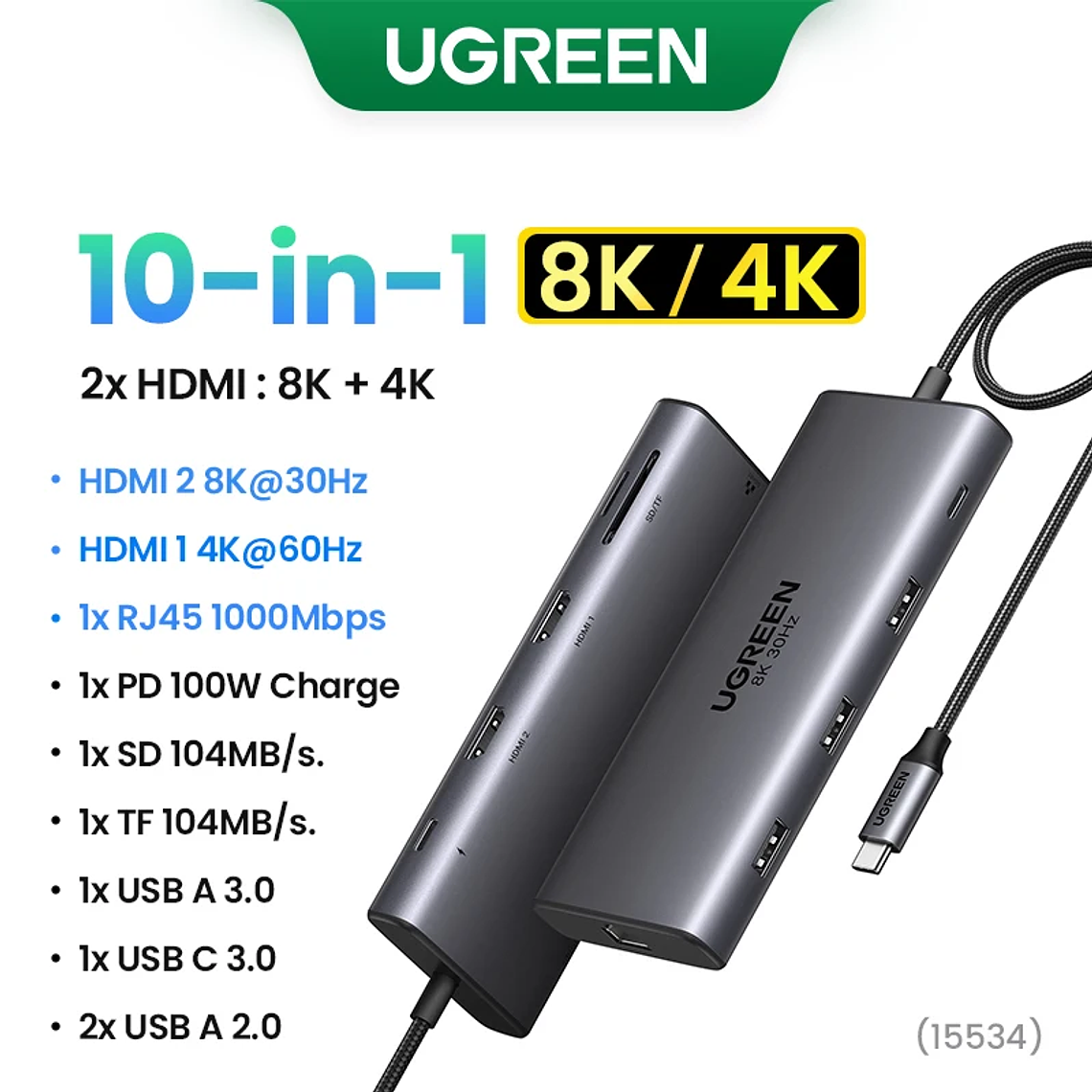 UGREEN Dual HDMI USB-C HUB 8K 4K HDMI Adaptador 10 en 1 Divisor con RJ45 USB3.0 PD 100W Dock para MacBook Pro Air Laptop USB HUB 11