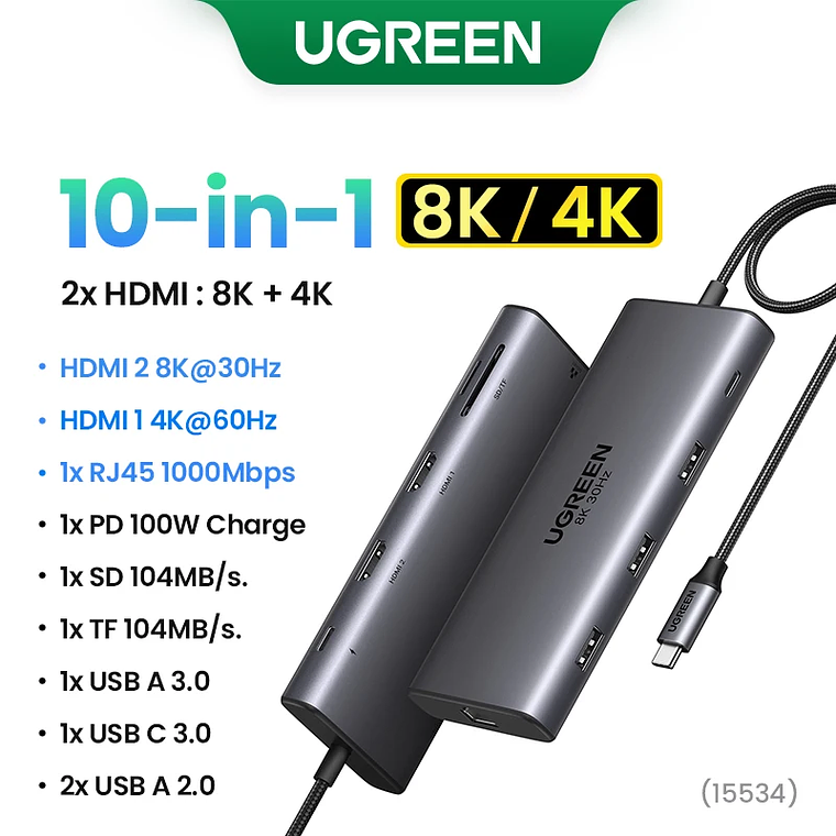 UGREEN Dual HDMI USB-C HUB 8K 4K HDMI Adaptador 10 en 1 Divisor con RJ45 USB3.0 PD 100W Dock para MacBook Pro Air Laptop USB HUB 11