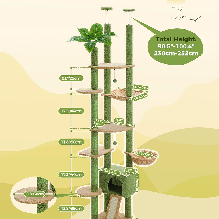 Árbol alto para gatos, torre de árbol para gatos de piso a techo, ajustable con hamaca para gatos y poste rascador para interiores 10
