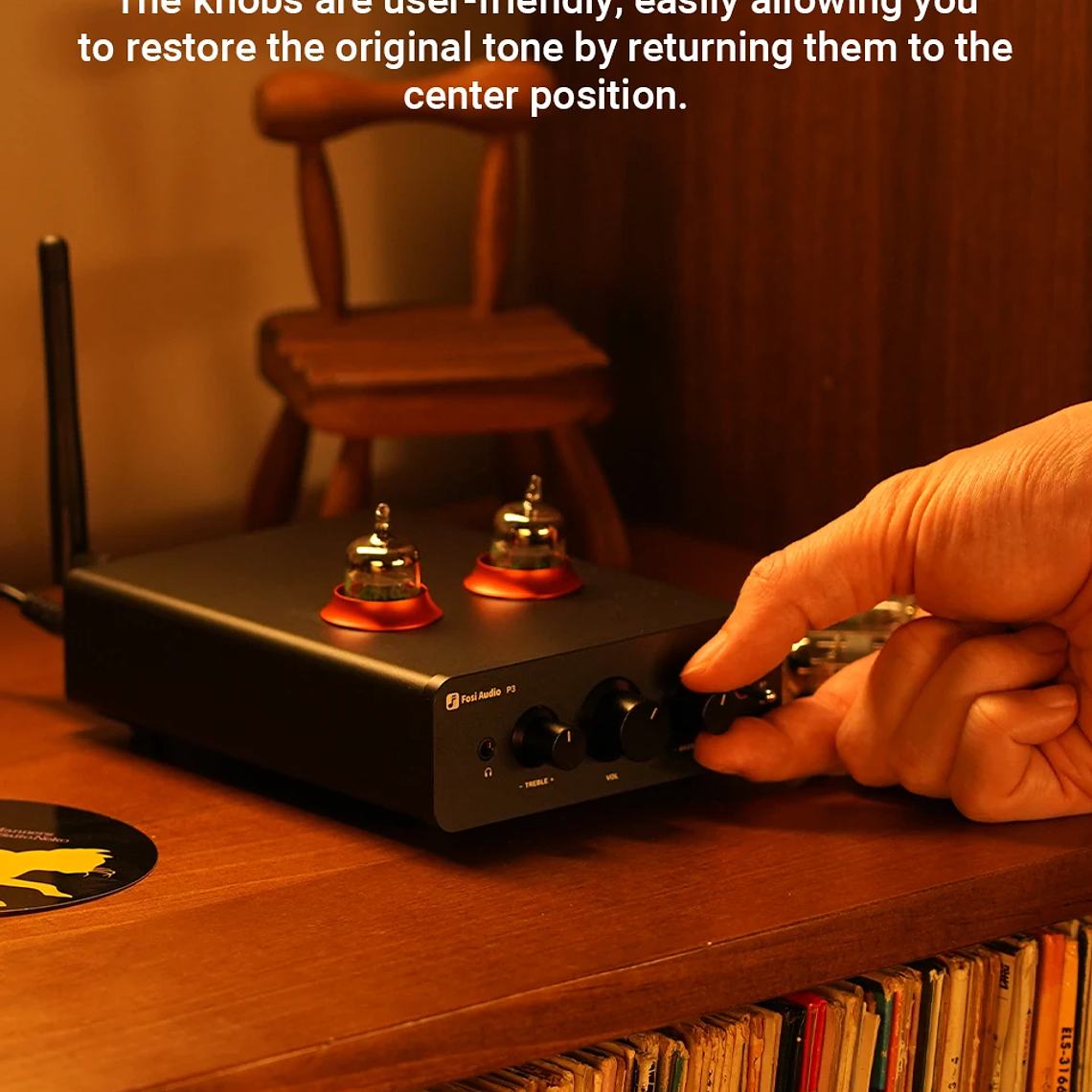 Fosi Audio P3 amplificador de tubo Bluetooth válvula preamplificadora estéreo HiFi vacío con Control de tono de agudos y graves para altavoz doméstico 18