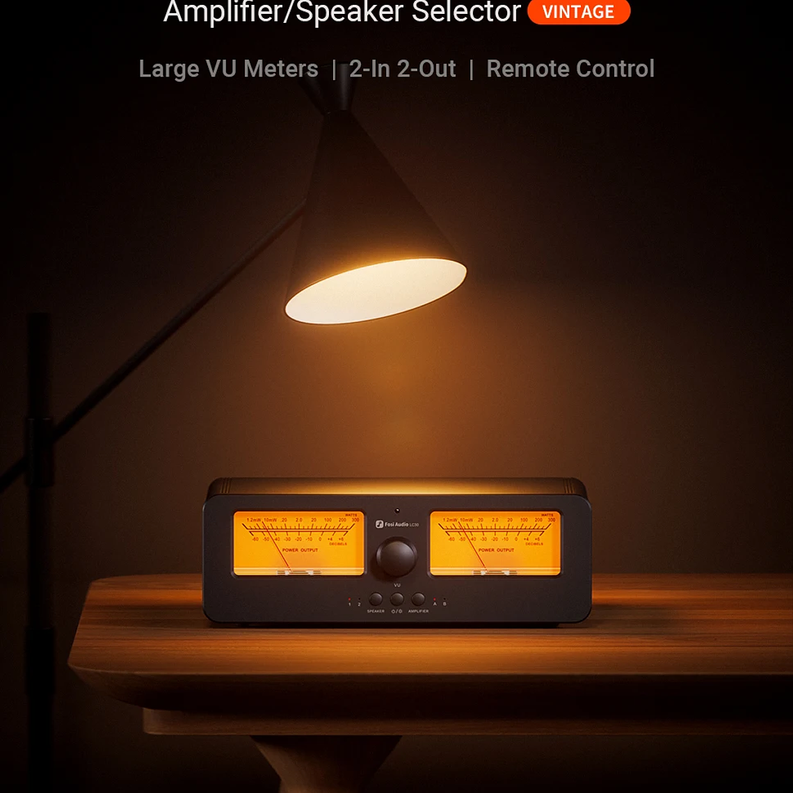 Fosi Audio LC30 amplificador conmutador de altavoz 2 en 2 salidas doble medidor de VU analógico caja conmutador de Audio con pantalla de Panel DB con control remoto 9
