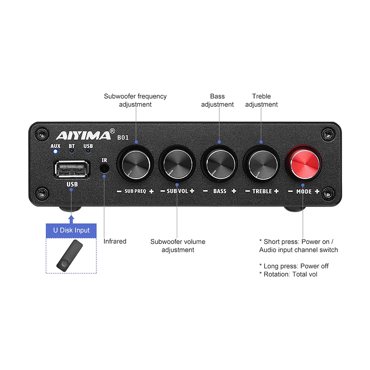 AIYIMA-Amplificador de potencia Digital B01, Subwoofer con Bluetooth 5,0, 50Wx2 + 100W, TPA3116, estéreo 2,1, altavoz de sonido, amplificador de Audio USB 2