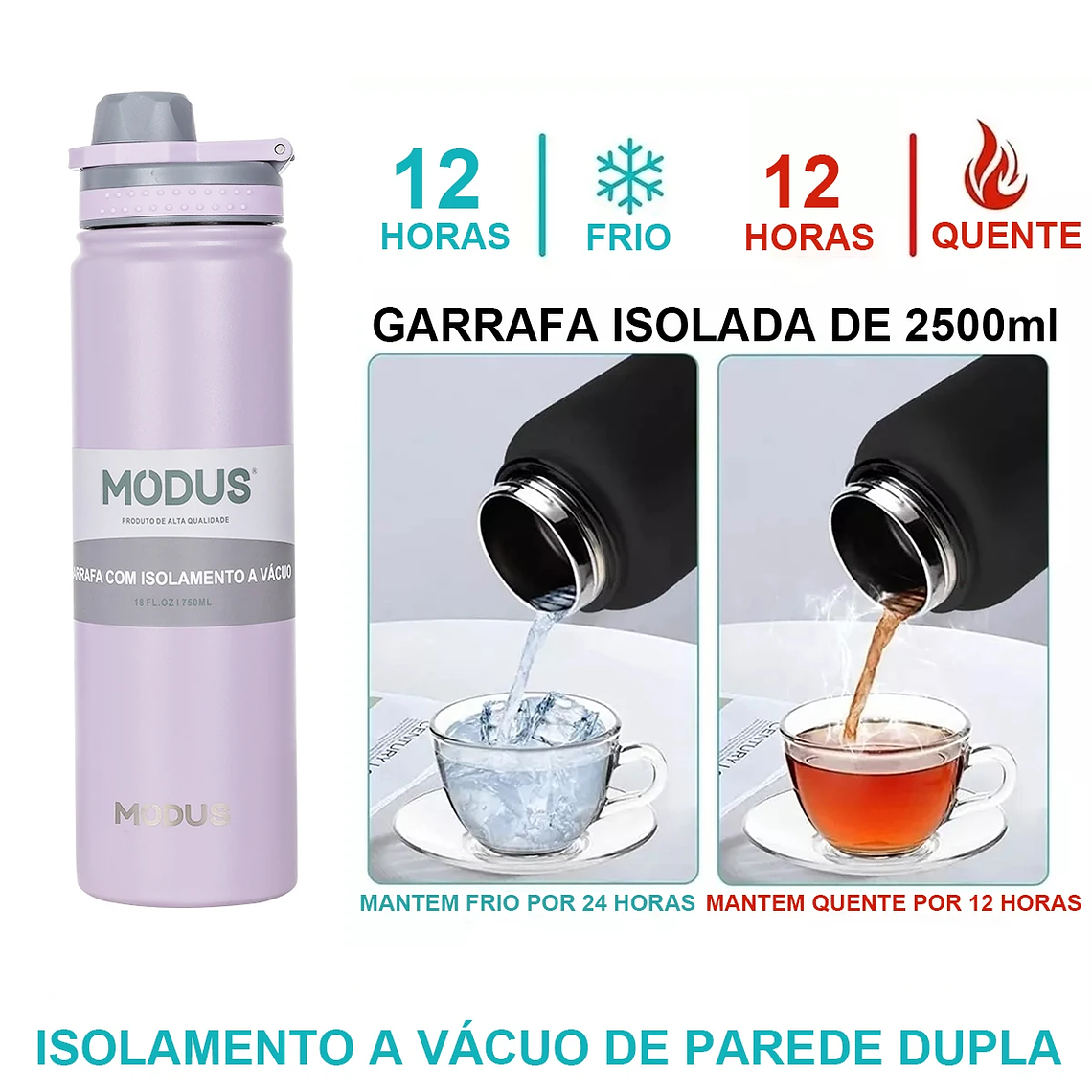 Botella de agua MODUS con tapa abatible, acero inoxidable, taza de agua al vacío de doble pared para deportes al aire libre, 750 ml 3