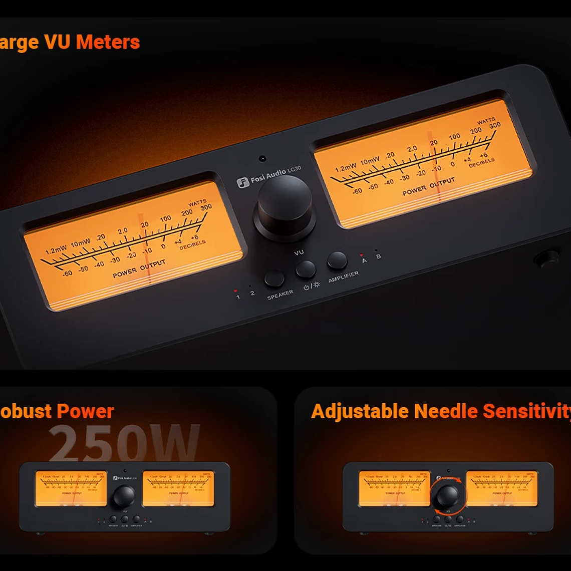 Fosi Audio LC30 amplificador conmutador de altavoz 2 en 2 salidas doble medidor de VU analógico caja conmutador de Audio con pantalla de Panel DB con control remoto 11