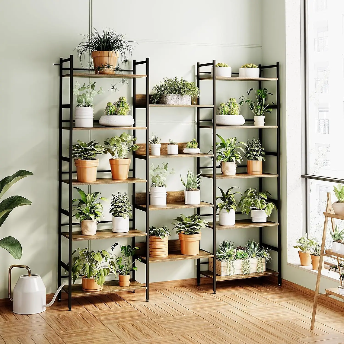 Estanterías de 5 niveles Estantería grande Estante de exhibición abierto con marco de metal Estantes de pie rústicos para el hogar y la oficina 2