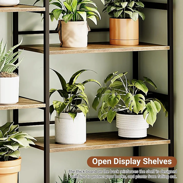 Estanterías de 5 niveles Estantería grande Estante de exhibición abierto con marco de metal Estantes de pie rústicos para el hogar y la oficina 3