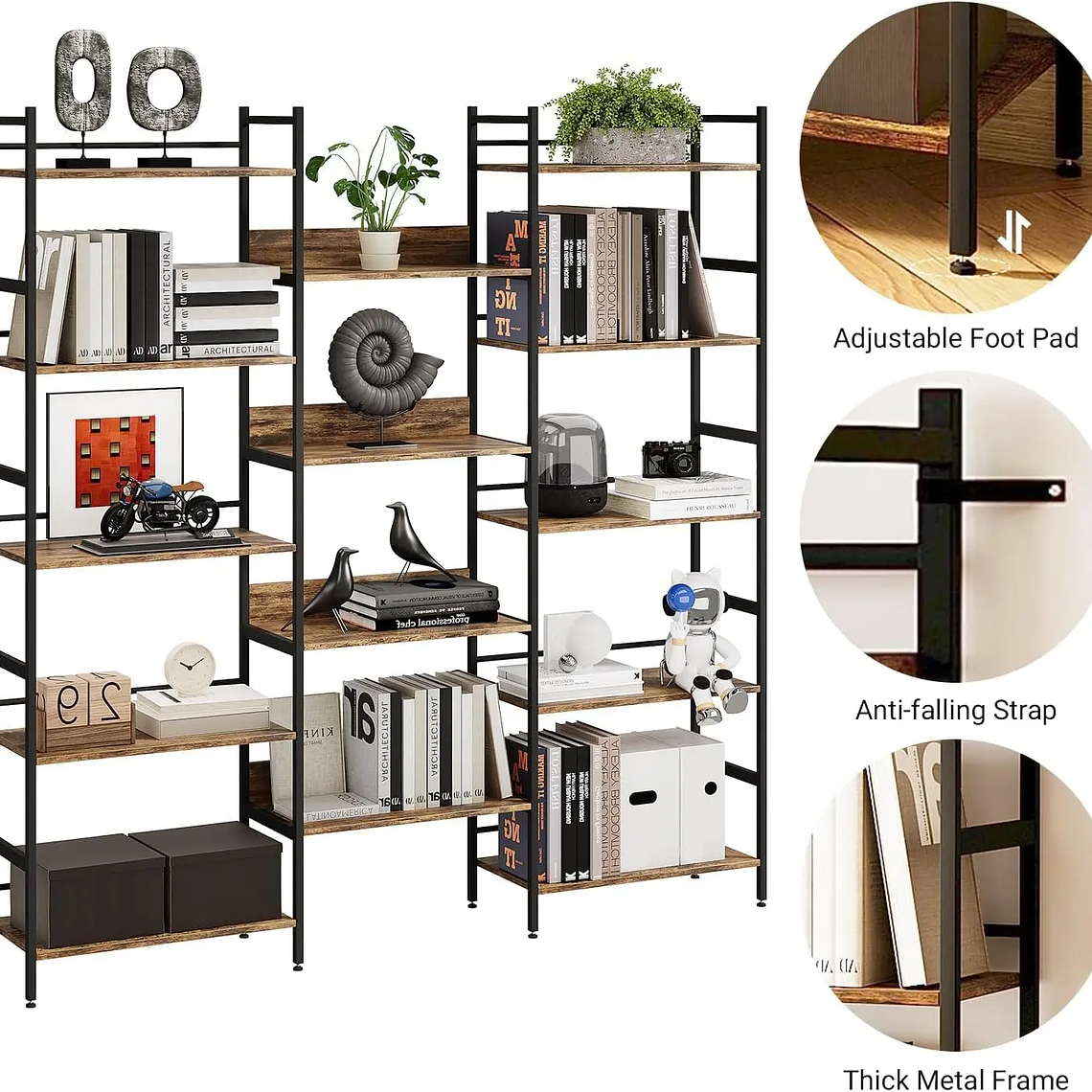 Estanterías de 5 niveles Estantería grande Estante de exhibición abierto con marco de metal Estantes de pie rústicos para el hogar y la oficina 5