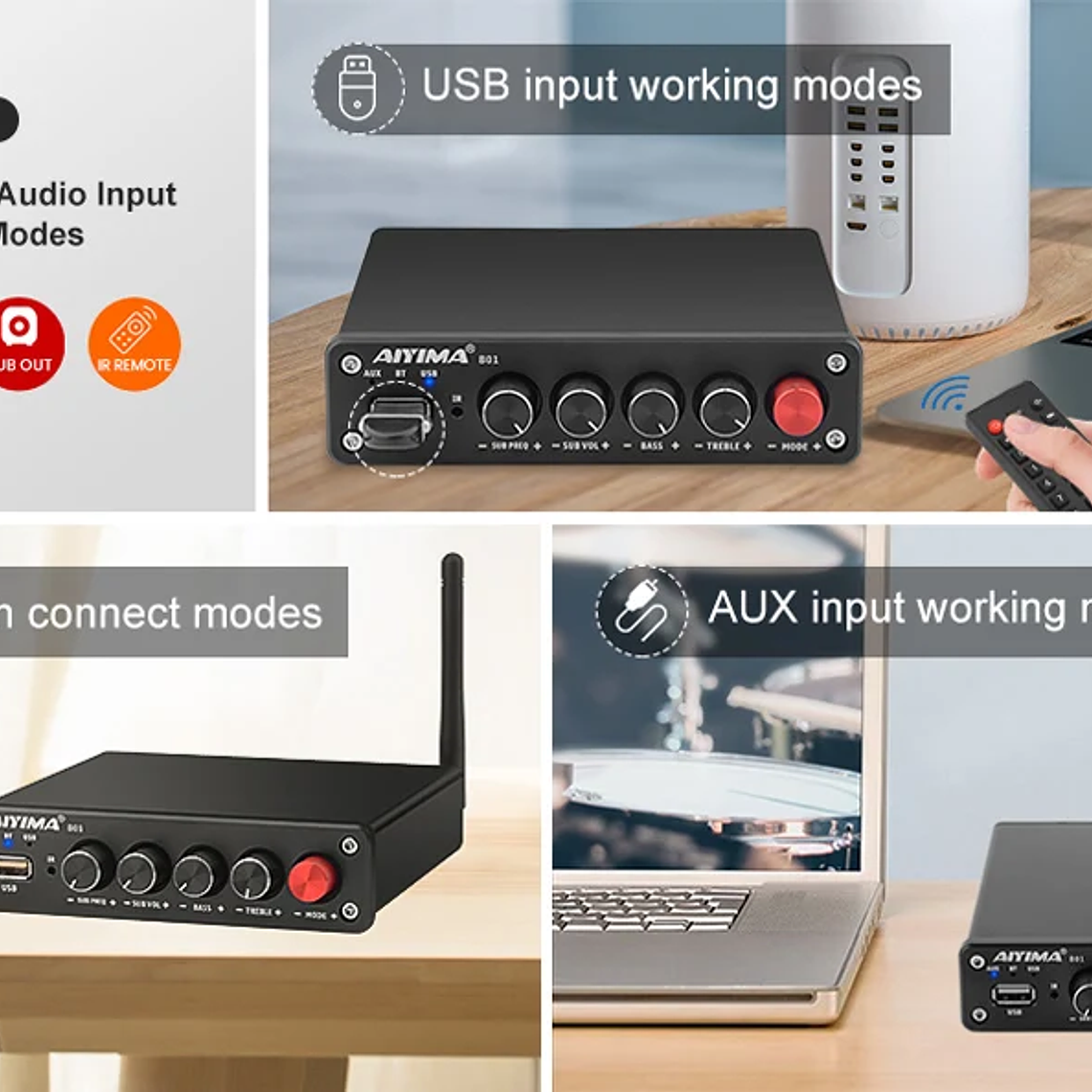 AIYIMA-Amplificador de potencia Digital B01, Subwoofer con Bluetooth 5,0, 50Wx2 + 100W, TPA3116, estéreo 2,1, altavoz de sonido, amplificador de Audio USB 15
