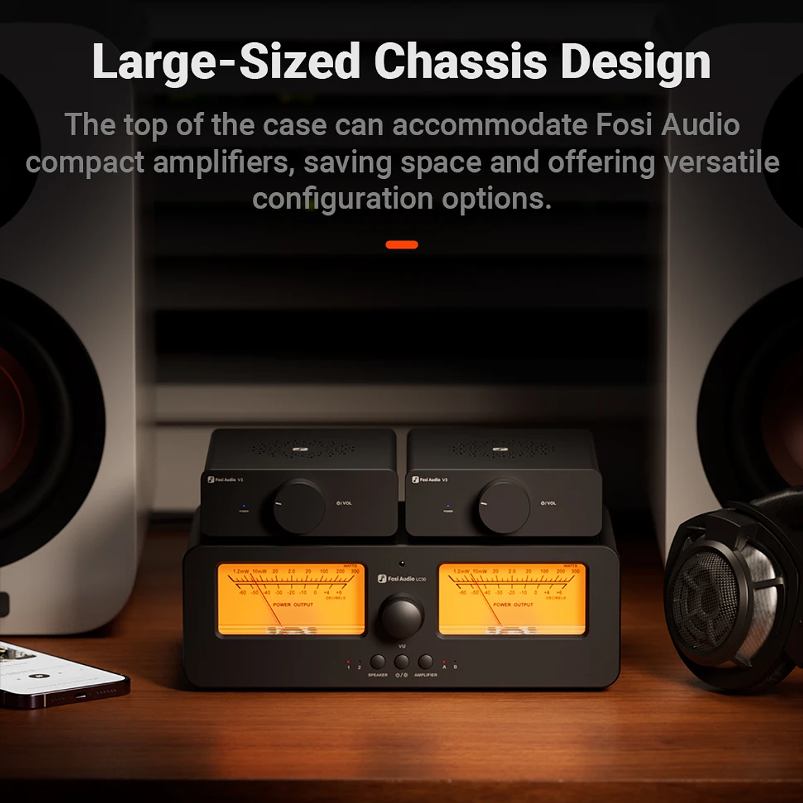 Fosi Audio LC30 amplificador conmutador de altavoz 2 en 2 salidas doble medidor de VU analógico caja conmutador de Audio con pantalla de Panel DB con control remoto 21