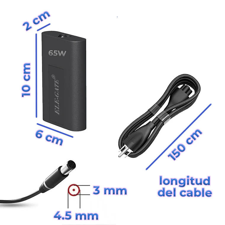 ELEGATE Compatible Laptop Charger for DE.3.34.4530.P 65W 19.5V 3.34A with 4.5 X 3.0 mm Tip 4