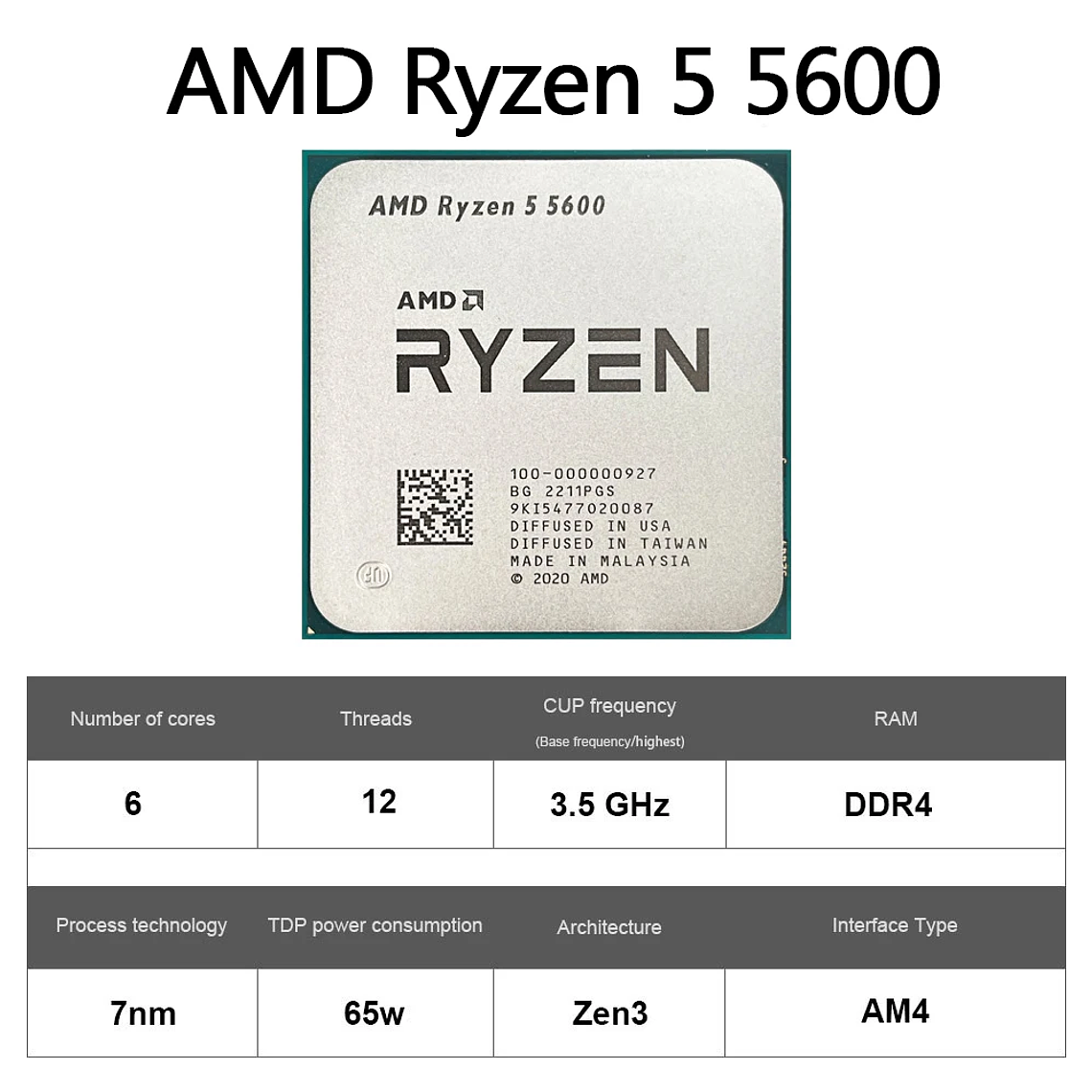 CPU AMD Ryzen 5 5600, Procesador AMD R5 5600, 4.4GHz, 6 Núcleos, 12 Subprocesos, 32MB de Caché, Socket AM4, CPU para Juegos de PC de Escritorio 2