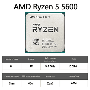 CPU AMD Ryzen 5 5600, Procesador AMD R5 5600, 4.4GHz, 6 Núcleos, 12 Subprocesos, 32MB de Caché, Socket AM4, CPU para Juegos de PC de Escritorio