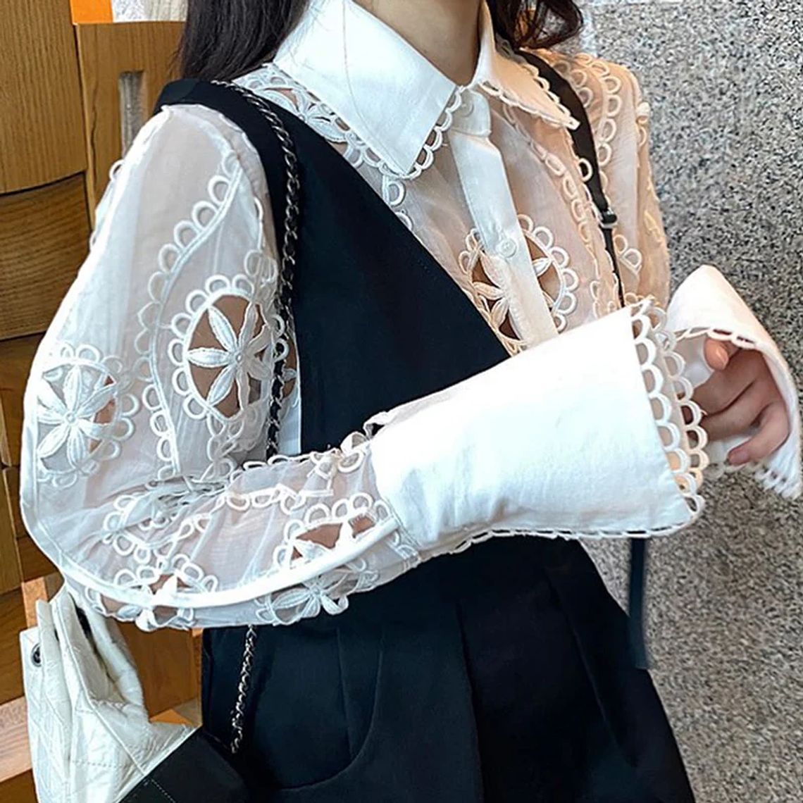 Wholesale 2026 Korea East Gate Spring Elegant Polo Hollow Mesh Pattern Design Single Breasted Loose Bubble Sleeve Shirt 5