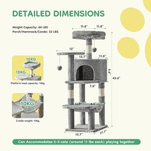JHK-árbol para gatos de 44 pulgadas, torre de escalada alta para varios gatos, muebles para mascotas, postes rascadores de Sisal Natural, casa estable para mascotas para gatos de interior