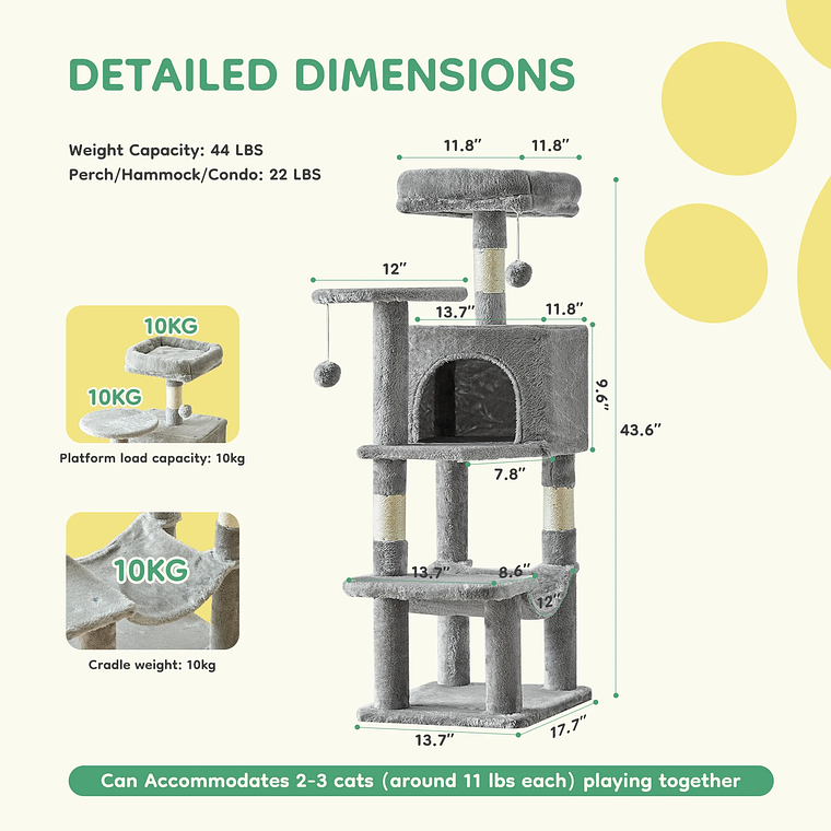 JHK-árbol para gatos de 44 pulgadas, torre de escalada alta para varios gatos, muebles para mascotas, postes rascadores de Sisal Natural, casa estable para mascotas para gatos de interior 2
