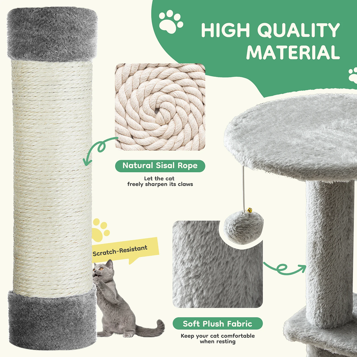 JHK-árbol para gatos de 44 pulgadas, torre de escalada alta para varios gatos, muebles para mascotas, postes rascadores de Sisal Natural, casa estable para mascotas para gatos de interior 4