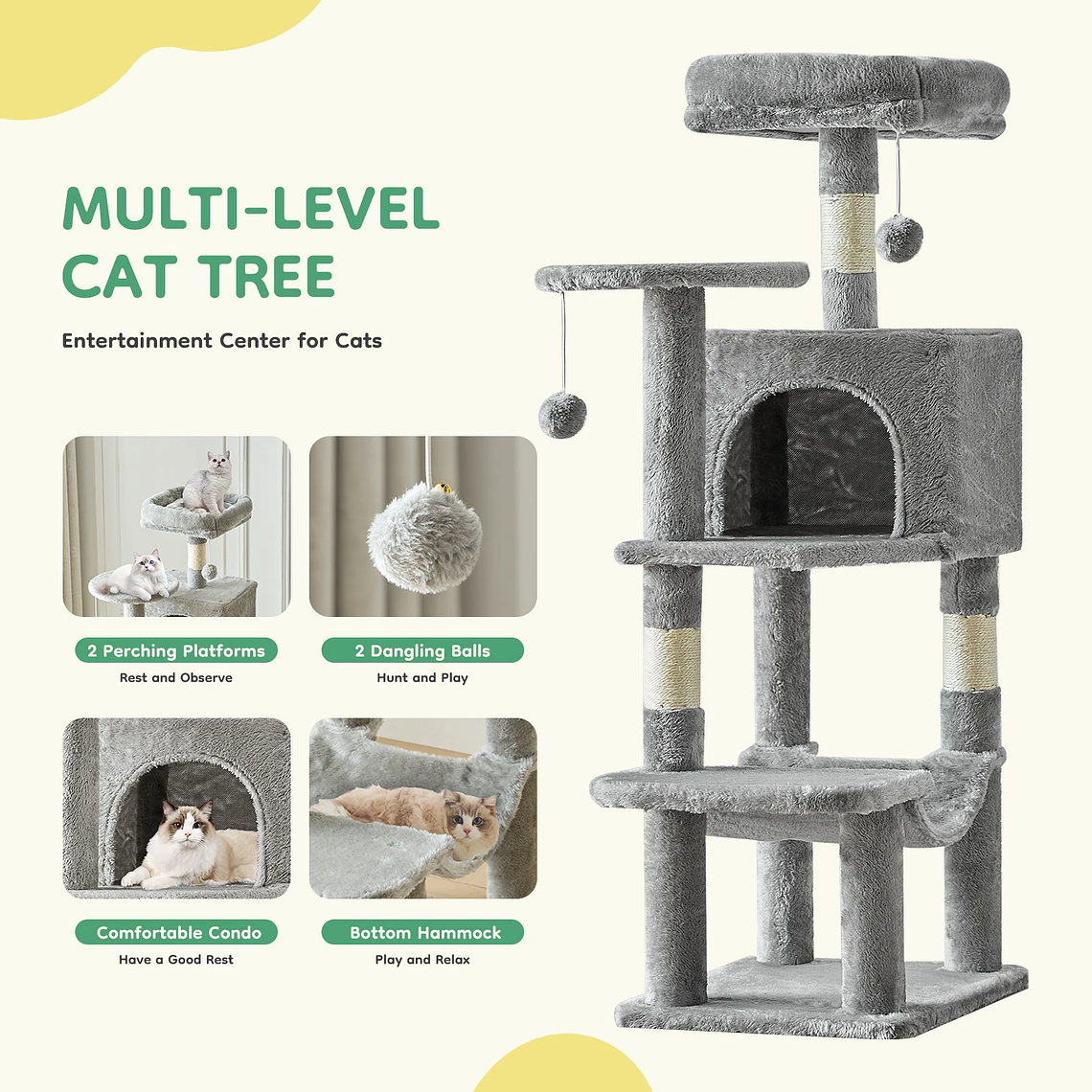 JHK-árbol para gatos de 44 pulgadas, torre de escalada alta para varios gatos, muebles para mascotas, postes rascadores de Sisal Natural, casa estable para mascotas para gatos de interior 5