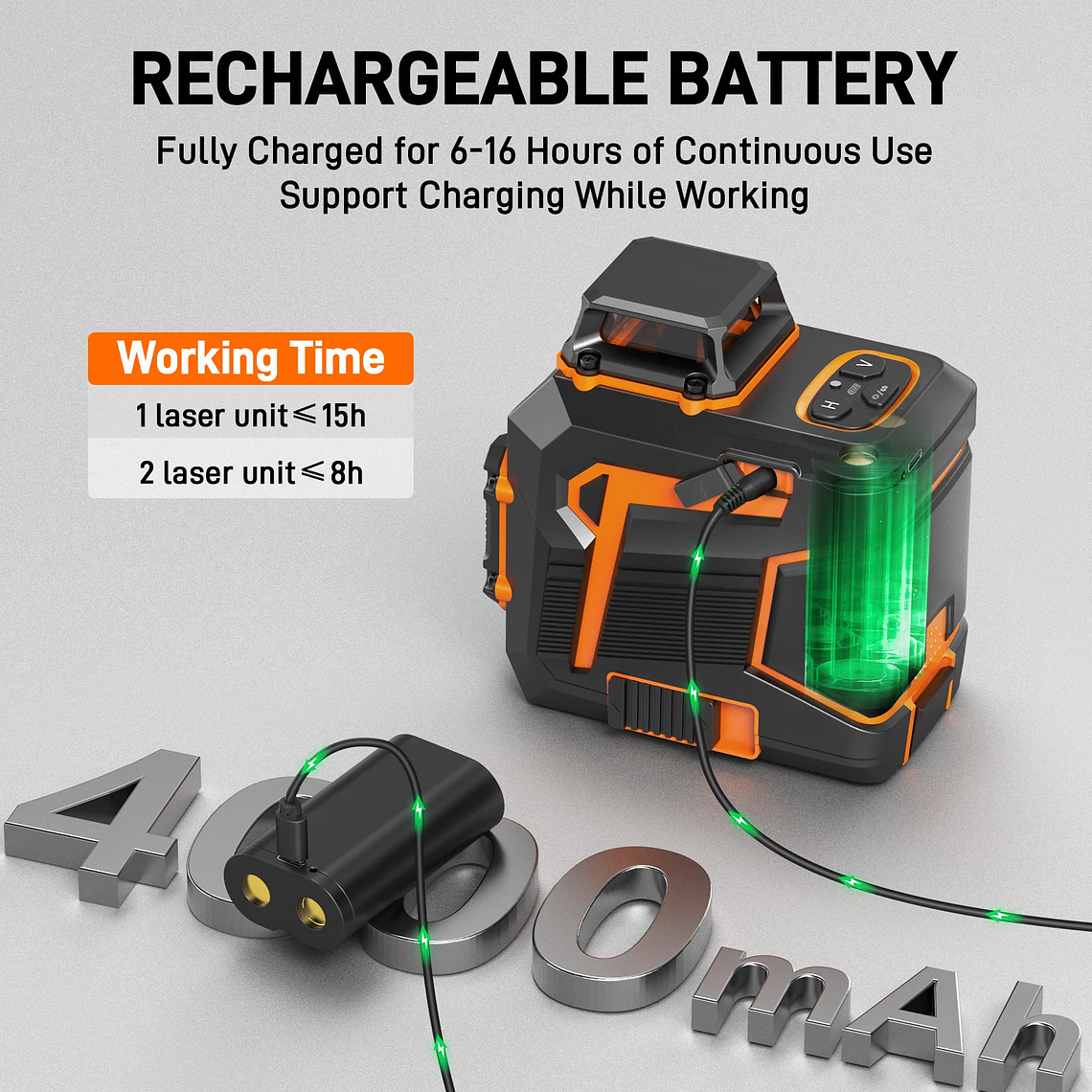 Juego de nivel de burbuja láser autonivelante verde de 8 líneas con batería recargable de 5,2 Ah descarga continua 5-21 horas 5