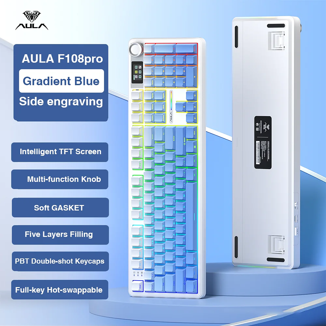 AULA F108 pro teclado inalámbrico Bluetooth Macro teclado para juegos junta teclado de tamaño completo de intercambio en caliente con pantalla inteligente TFT 7