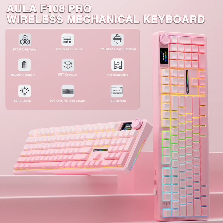 AULA F108 pro teclado inalámbrico Bluetooth Macro teclado para juegos junta teclado de tamaño completo de intercambio en caliente con pantalla inteligente TFT 8