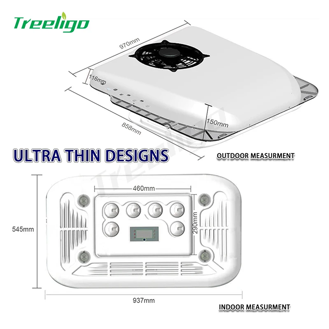 Treeligo-aire acondicionado ultrafino para techo de coche, RV, 12V, 24V, aire acondicionado eléctrico de techo para autocaravana y furgoneta 3