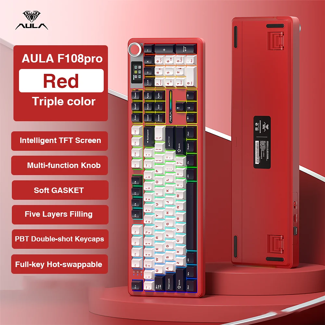 AULA F108 pro teclado inalámbrico Bluetooth Macro teclado para juegos junta teclado de tamaño completo de intercambio en caliente con pantalla inteligente TFT 9