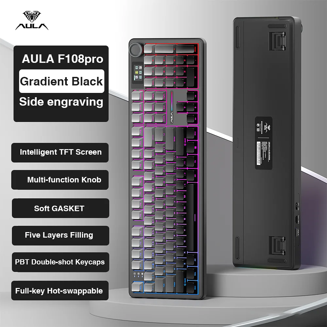 AULA F108 pro teclado inalámbrico Bluetooth Macro teclado para juegos junta teclado de tamaño completo de intercambio en caliente con pantalla inteligente TFT 10