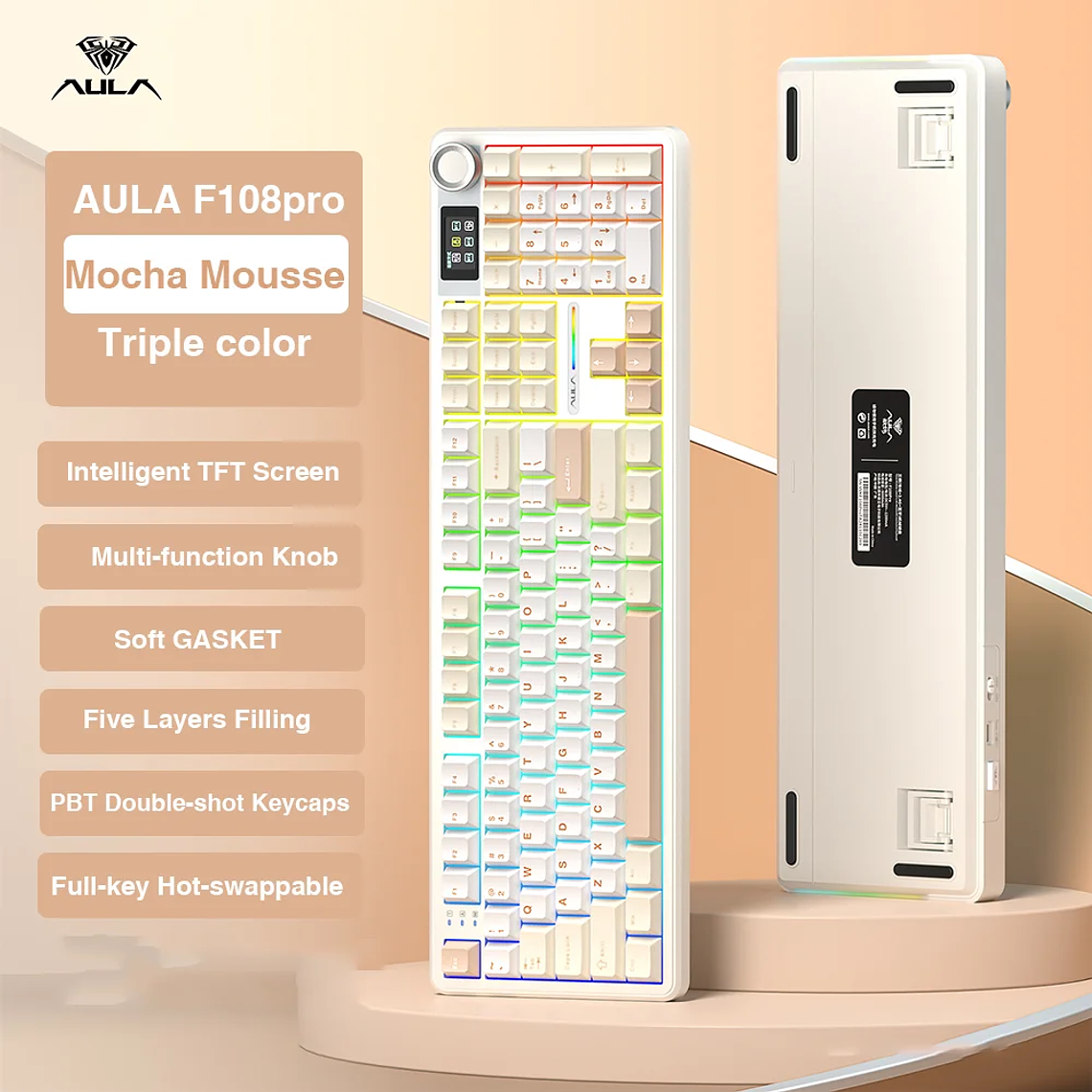 AULA F108 pro teclado inalámbrico Bluetooth Macro teclado para juegos junta teclado de tamaño completo de intercambio en caliente con pantalla inteligente TFT 11