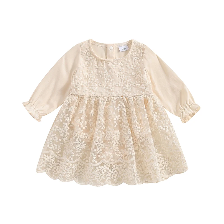 Vestido de fiesta de encaje de retazos de cintura alta con dobladillo con volantes y cuello redondo de manga larga con estampado floral para niña pequeña con lazo 6