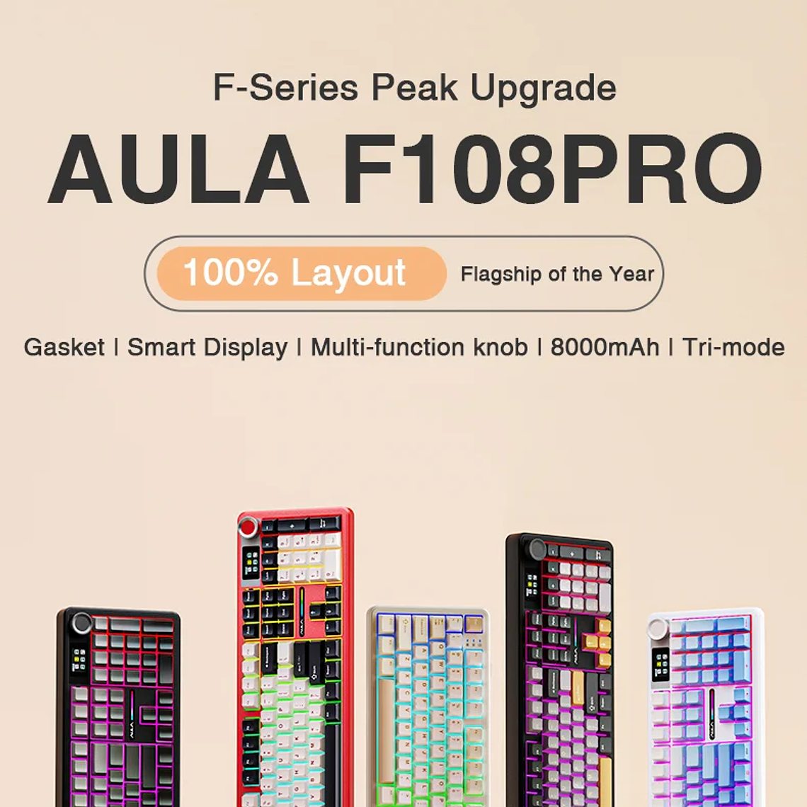 AULA F108 pro teclado inalámbrico Bluetooth Macro teclado para juegos junta teclado de tamaño completo de intercambio en caliente con pantalla inteligente TFT 13