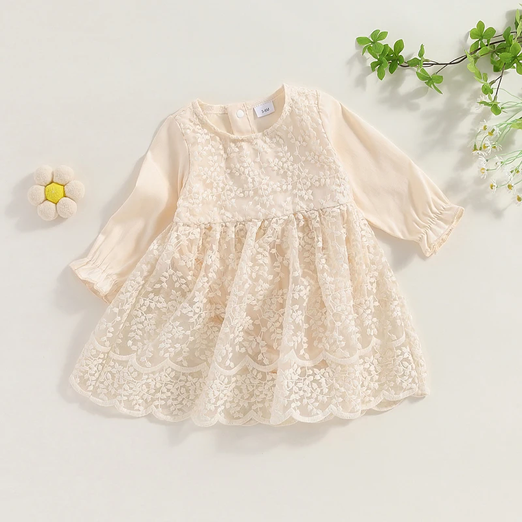 Vestido de fiesta de encaje de retazos de cintura alta con dobladillo con volantes y cuello redondo de manga larga con estampado floral para niña pequeña con lazo 7