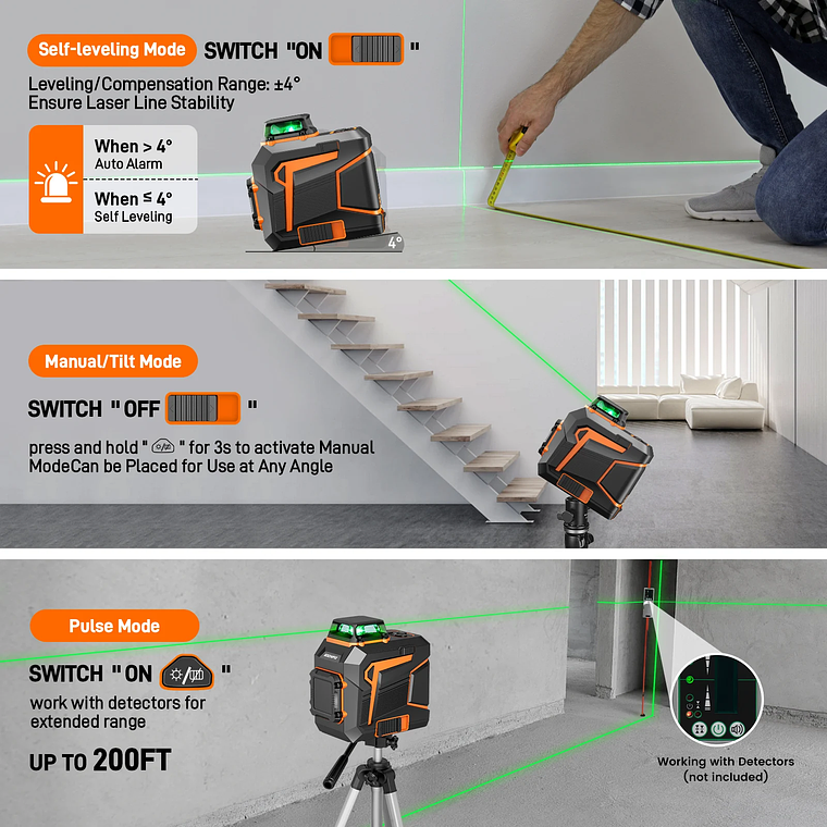 Juego de nivel de burbuja láser autonivelante verde de 8 líneas con batería recargable de 5,2 Ah descarga continua 5-21 horas 9