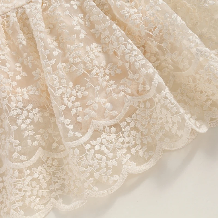 Vestido de fiesta de encaje de retazos de cintura alta con dobladillo con volantes y cuello redondo de manga larga con estampado floral para niña pequeña con lazo 8