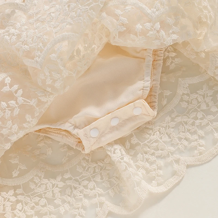 Vestido de fiesta de encaje de retazos de cintura alta con dobladillo con volantes y cuello redondo de manga larga con estampado floral para niña pequeña con lazo 9