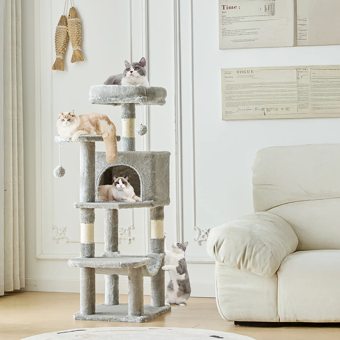JHK-árbol para gatos de 44 pulgadas, torre de escalada alta para varios gatos, muebles para mascotas, postes rascadores de Sisal Natural, casa estable para mascotas para gatos de interior 12