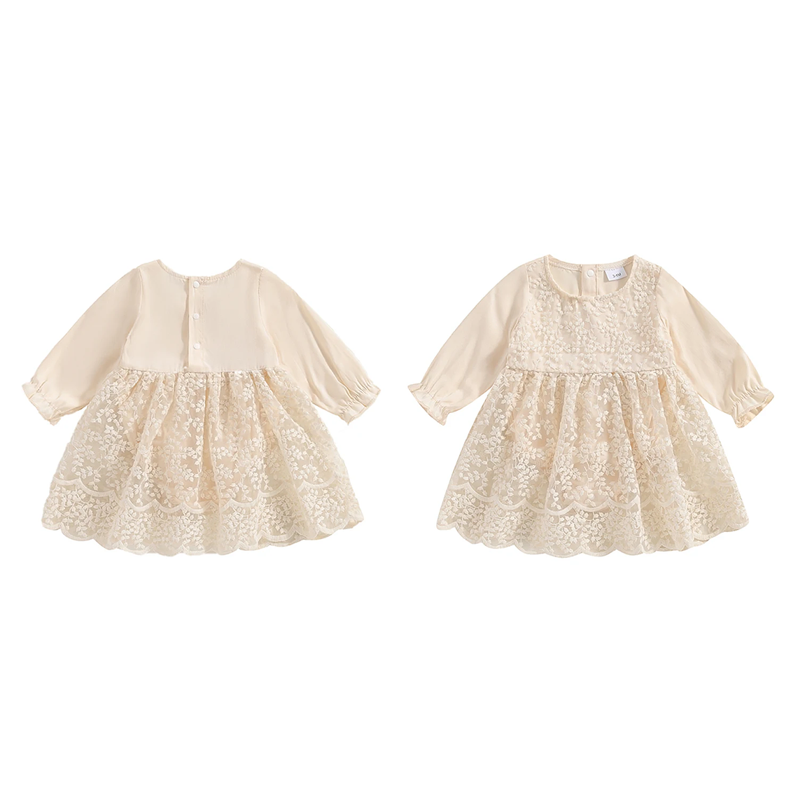 Vestido de fiesta de encaje de retazos de cintura alta con dobladillo con volantes y cuello redondo de manga larga con estampado floral para niña pequeña con lazo 10