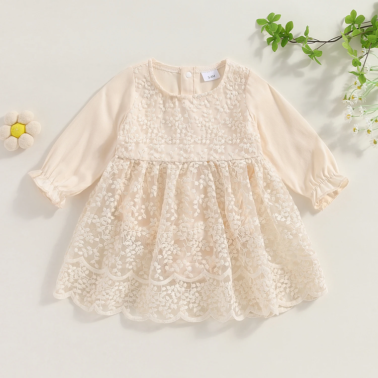 Vestido de fiesta de encaje de retazos de cintura alta con dobladillo con volantes y cuello redondo de manga larga con estampado floral para niña pequeña con lazo 11