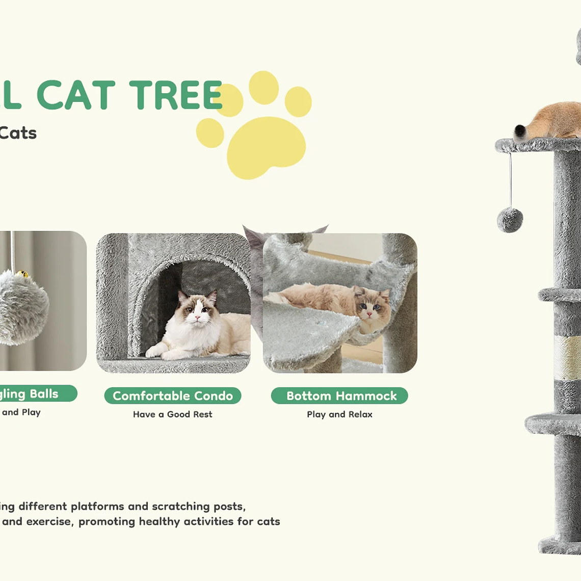 JHK-árbol para gatos de 44 pulgadas, torre de escalada alta para varios gatos, muebles para mascotas, postes rascadores de Sisal Natural, casa estable para mascotas para gatos de interior 13