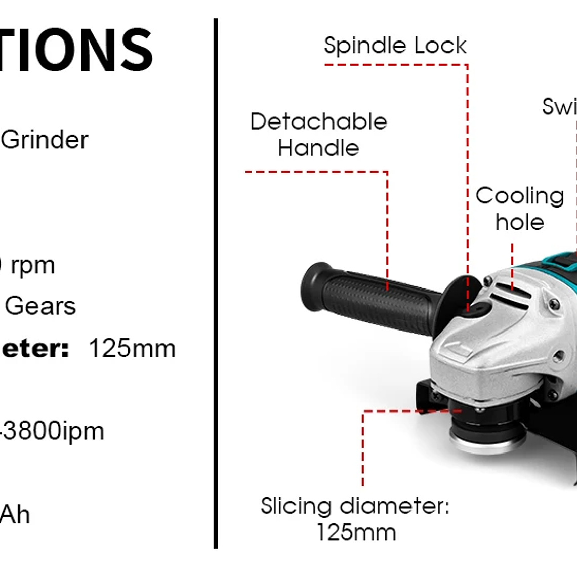 Amoladora Angular Eléctrica sin Escobillas de 125 mm, Herramienta de Pulido y Corte, Herramienta Eléctrica para Trabajar la Madera, Compatible con Batería Makita de 18 V 14