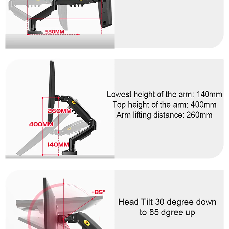 Resorte de Gas F80 de 17-30 pulgadas, soporte de montaje para Monitor LCD LED de escritorio, brazo de soporte de Gas ergonómico, carga de montaje flexible de 2 ~ 9kg 17