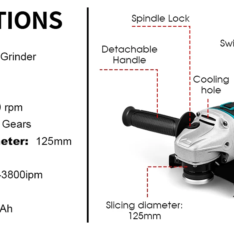 Amoladora Angular Eléctrica sin Escobillas de 125 mm, Herramienta de Pulido y Corte, Herramienta Eléctrica para Trabajar la Madera, Compatible con Batería Makita de 18 V 14