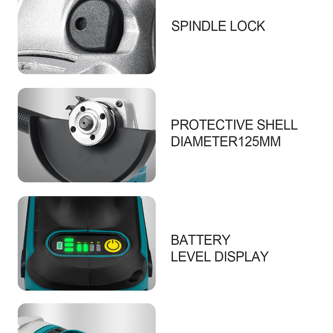 Amoladora Angular Eléctrica sin Escobillas de 125 mm, Herramienta de Pulido y Corte, Herramienta Eléctrica para Trabajar la Madera, Compatible con Batería Makita de 18 V 16