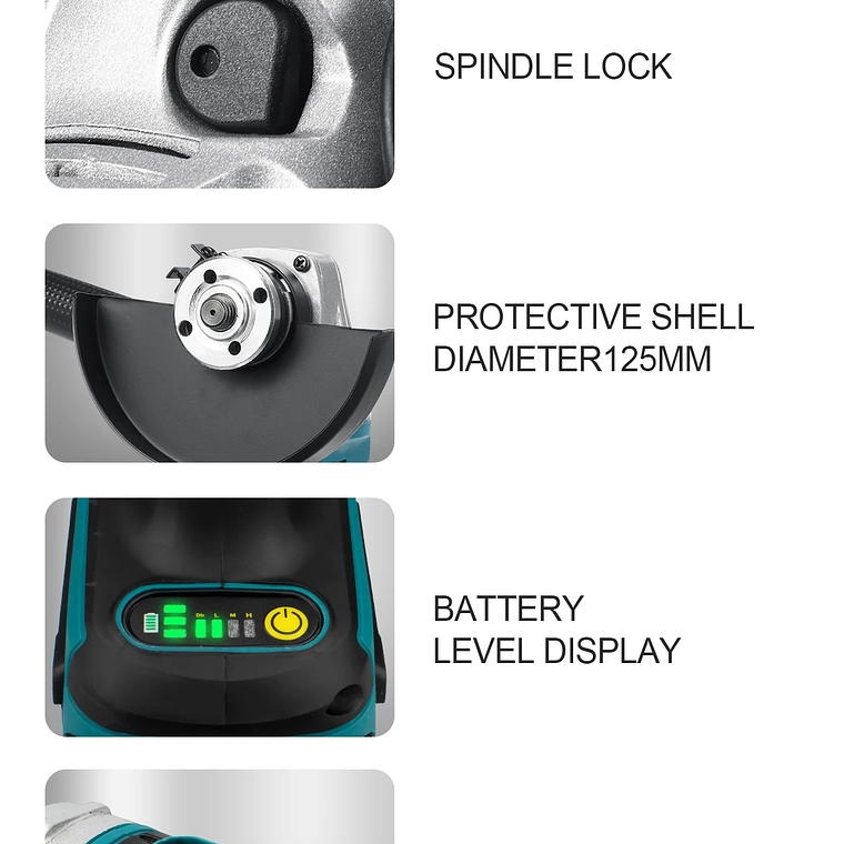 Amoladora Angular Eléctrica sin Escobillas de 125 mm, Herramienta de Pulido y Corte, Herramienta Eléctrica para Trabajar la Madera, Compatible con Batería Makita de 18 V 16