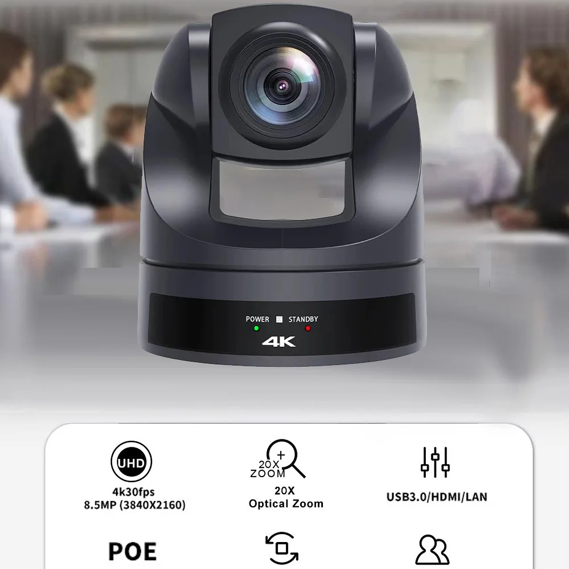 Cámara PTZ NDI Runpu 4K30fps con Zoom Óptico 20X, Seguimiento por IA, HDMI, LAN, POE, para Transmisión en Vivo, Videoconferencias y Sistemas de Video 11