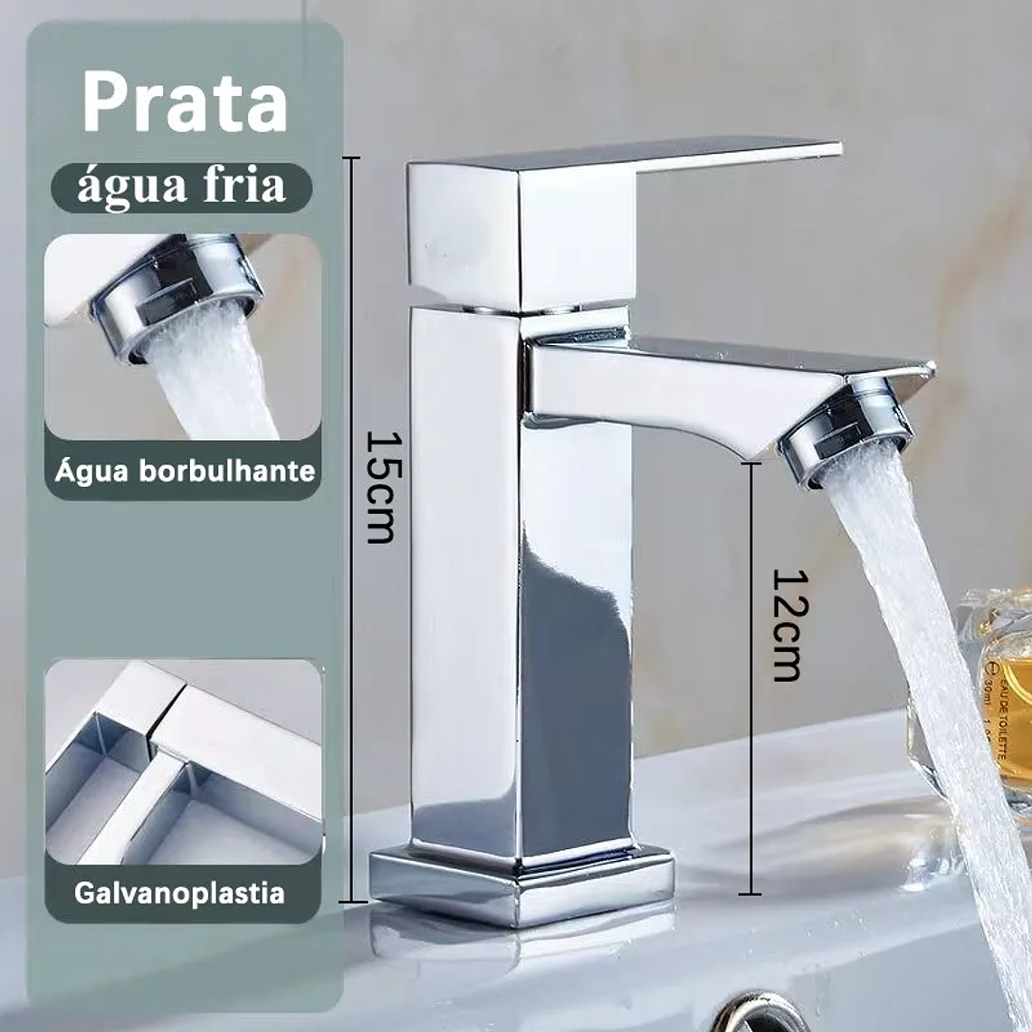 Torneira de prata do lavatório do banheiro elegante, Torneira de bacia de alta gama para água fria, Metal Build 8