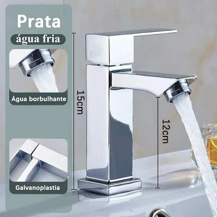 Torneira de prata do lavatório do banheiro elegante, Torneira de bacia de alta gama para água fria, Metal Build 8