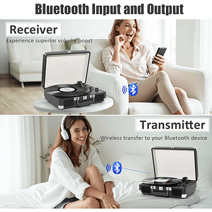 Reproductor LP de maleta portátil, transmisión por correa de 3 velocidades, reproductor de discos de vinilo Bluetooth con altavoces y grabación, conector RCA/AUX/HP