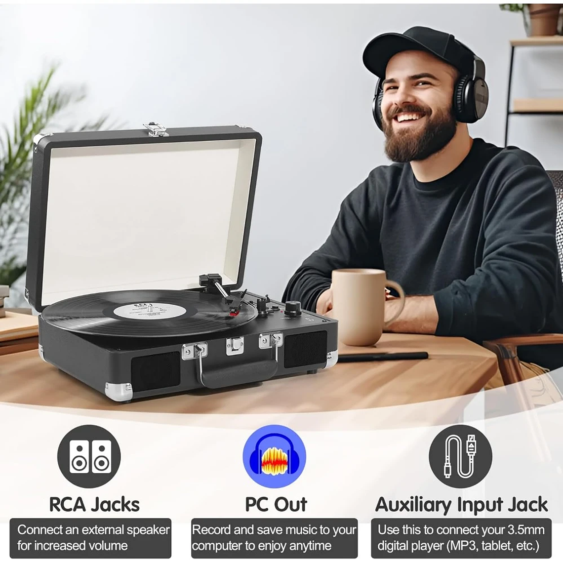 Reproductor LP de maleta portátil, transmisión por correa de 3 velocidades, reproductor de discos de vinilo Bluetooth con altavoces y grabación, conector RCA/AUX/HP 4