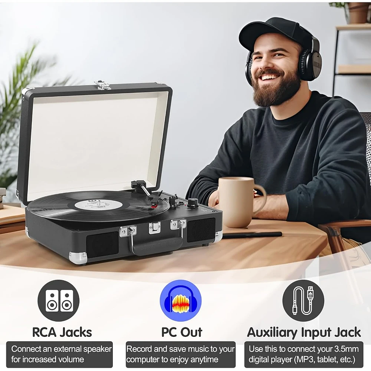 Reproductor LP de maleta portátil, transmisión por correa de 3 velocidades, reproductor de discos de vinilo Bluetooth con altavoces y grabación, conector RCA/AUX/HP 4