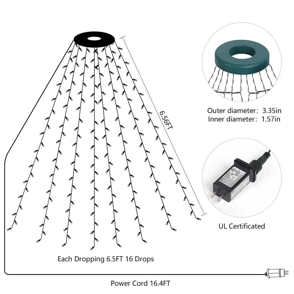 Cadena de luz de anillo de árbol de Navidad, luz decorativa cálida, 2 metros 2